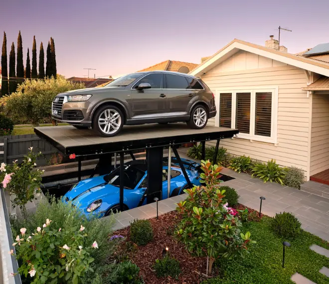 The CarCram CarSafe half way up in a front yard of a heritage Californian bungalow